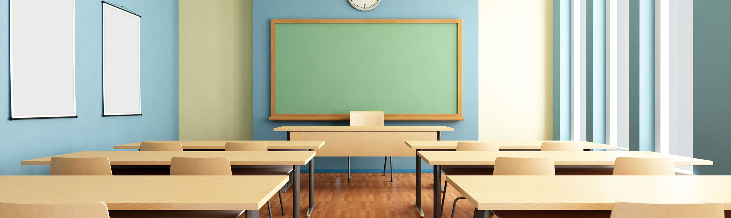 Bright empty classroom without student with wooden furniture -rendering